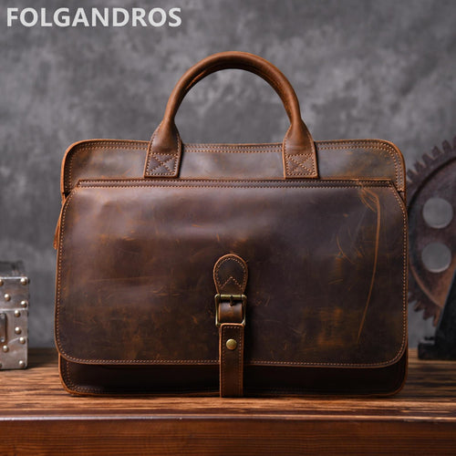 Vintage Briefcases Genuine Leather Business Document Computer Briefcase Large Capacity Full Grain Leather Shoulder Bag